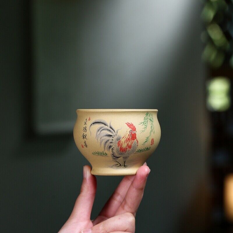Handpainted Rooster Real Yixing Zisha Duan Clay Tea Cup Marked Master Cup 180ml