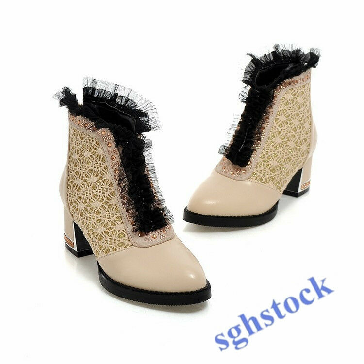 Womens Gladiator Low Block Heel shoes Ankle Boots Mesh Lace Crystal Zip Punk New