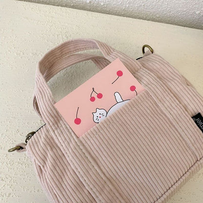 Corduroy Shoulder Bag Canvas Handbag Zipper Totes Purse Cloth Pouch 19*8*14 CM