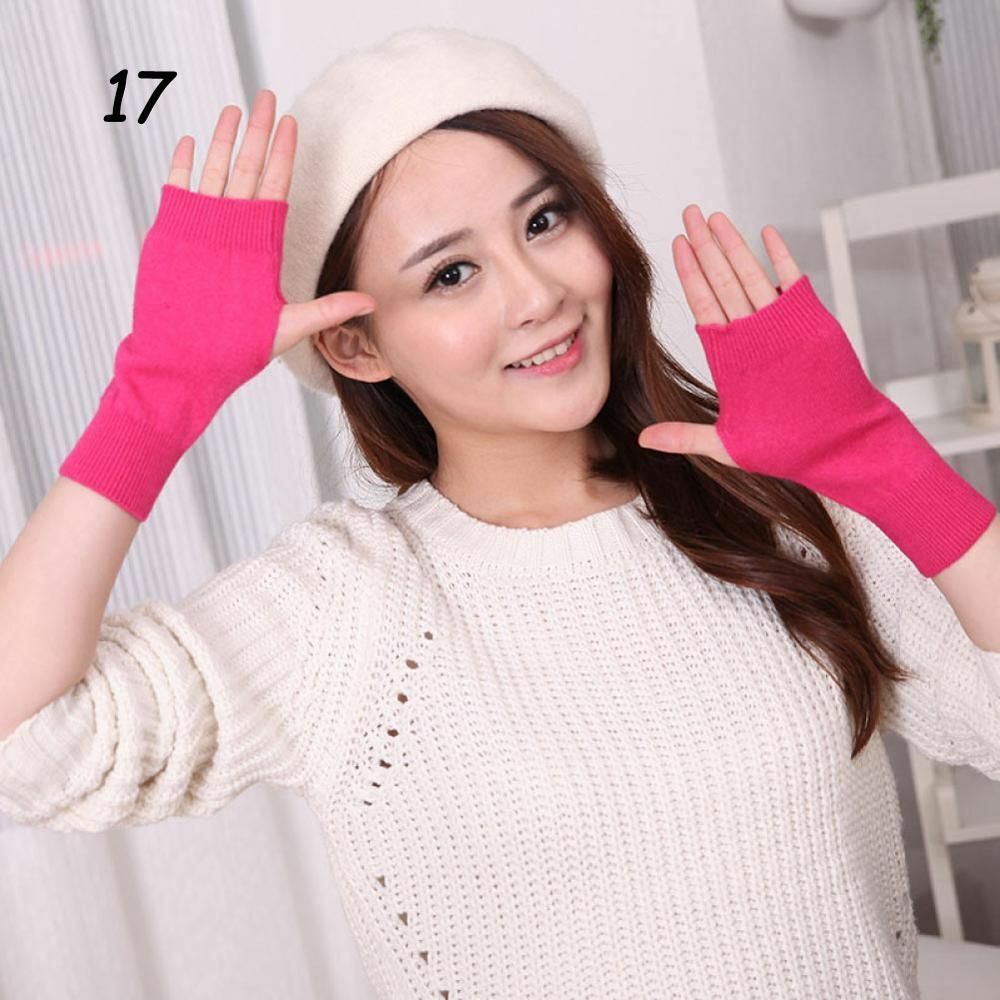 Women Winter Gloves Cashmere Knitted Cotton Fingerless Warm Stretch Half Mittens