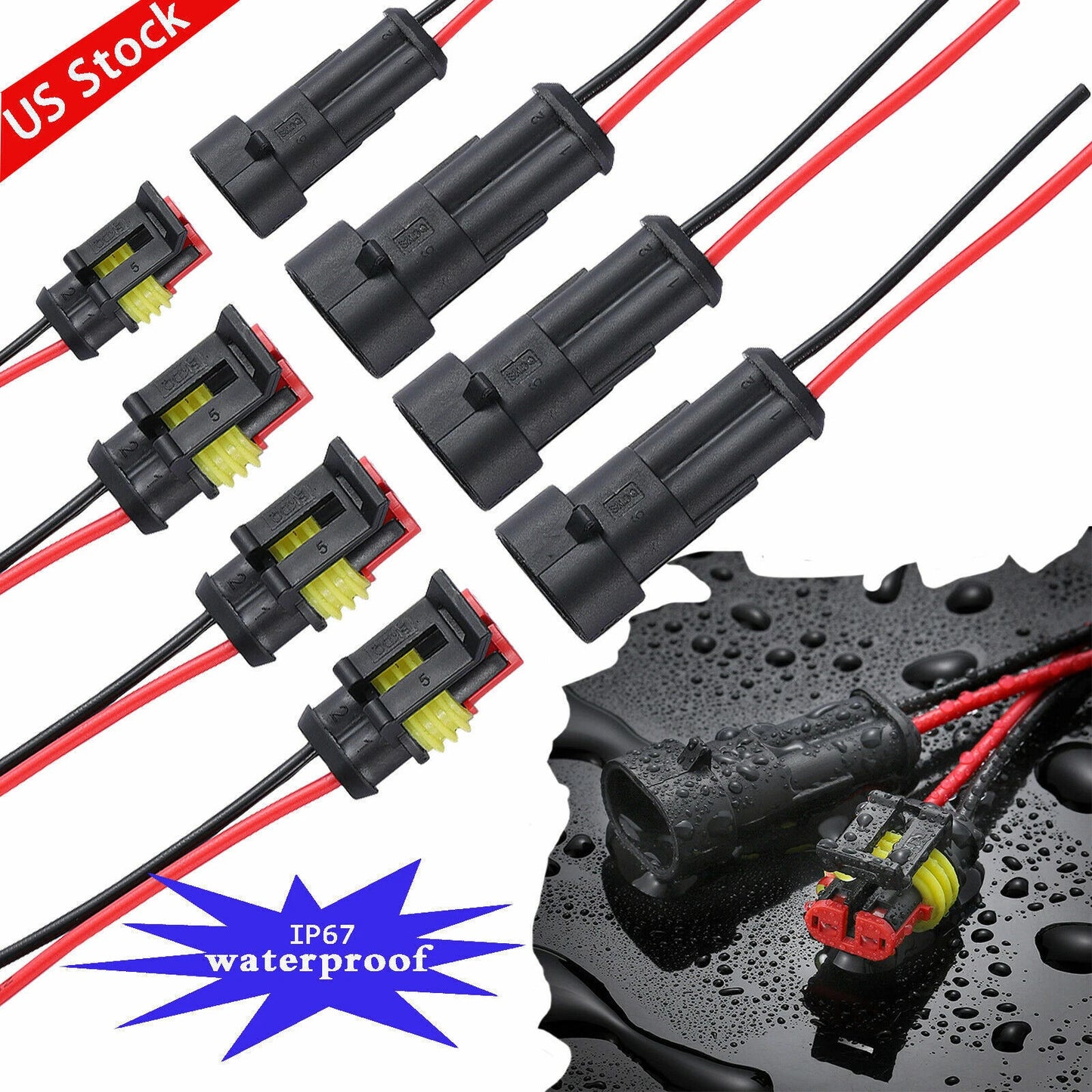 2Pin Way Car Waterproof Male Female Electrical Connector Plug Wire Kit Set Lot
