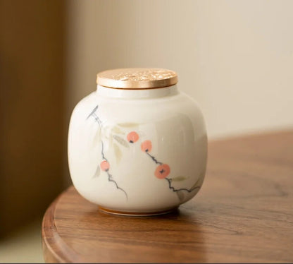 Hand Drawn Bamboo Persimmon Tea Jar Zen Ceramic Sealed Tea Can Storage Tank
