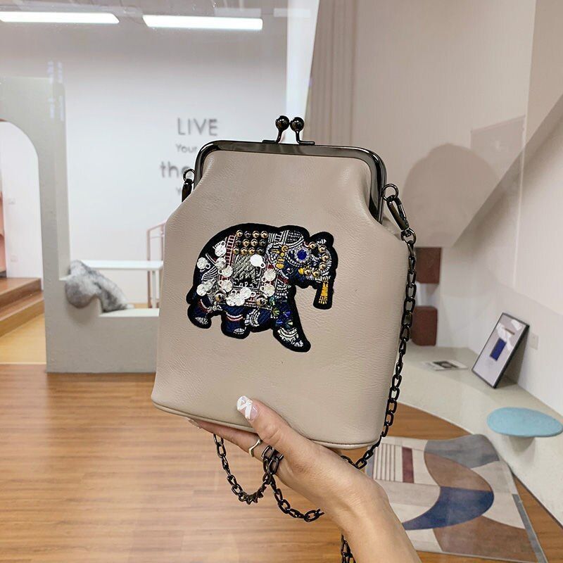 Vintage Shell Lock Embroidery Bags Synthetic Leather Chain Shoulder Purses Blue