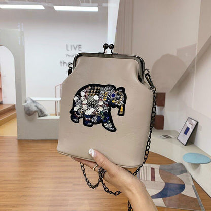 Vintage Shell Lock Embroidery Bags Synthetic Leather Chain Shoulder Purses Blue