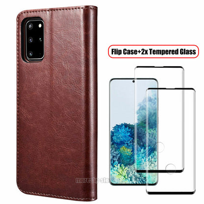 For Samsung Galaxy S20+/ FE/Ultra Case, Shockproof Leather Cover +Tempered Glass