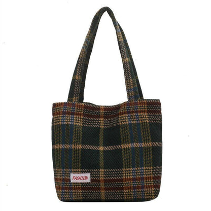 Tote Shoulder Bag Large Capacity Soft Plaid Travel Handbag 31*28*10 CM Green 1PC