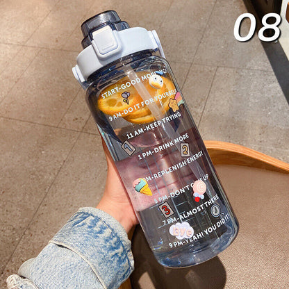 2L Sports Stickers Water Bottle Large Capacity Straw Gradient Fitness Water Cup
