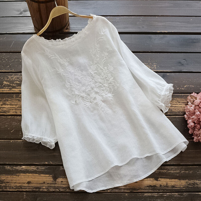 Women Summer Cotton Linen Shirt Casual Blouse Summer Baggy T-Shirt Tunic Tops