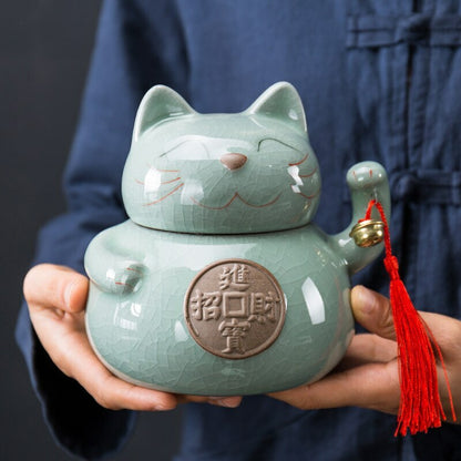 Ceramic Lucky Cat Tea Caddy Sealed Cans Food Container Candy Snacks Storage Tank