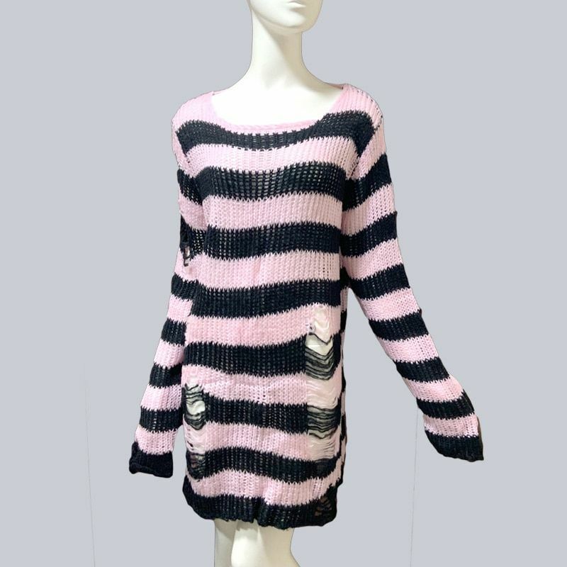Unisex Sweater Plus Size Punk Long Dress Hollow Hole Broken Jumper Loose Thin