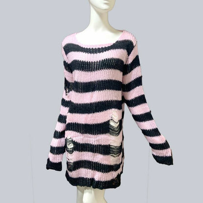 Unisex Sweater Plus Size Punk Long Dress Hollow Hole Broken Jumper Loose Thin