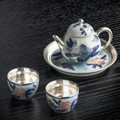 Boutique Tea Set Ceramic Pure Silver Tea Pot Gaiwan Matching Tea Cup Handpainted