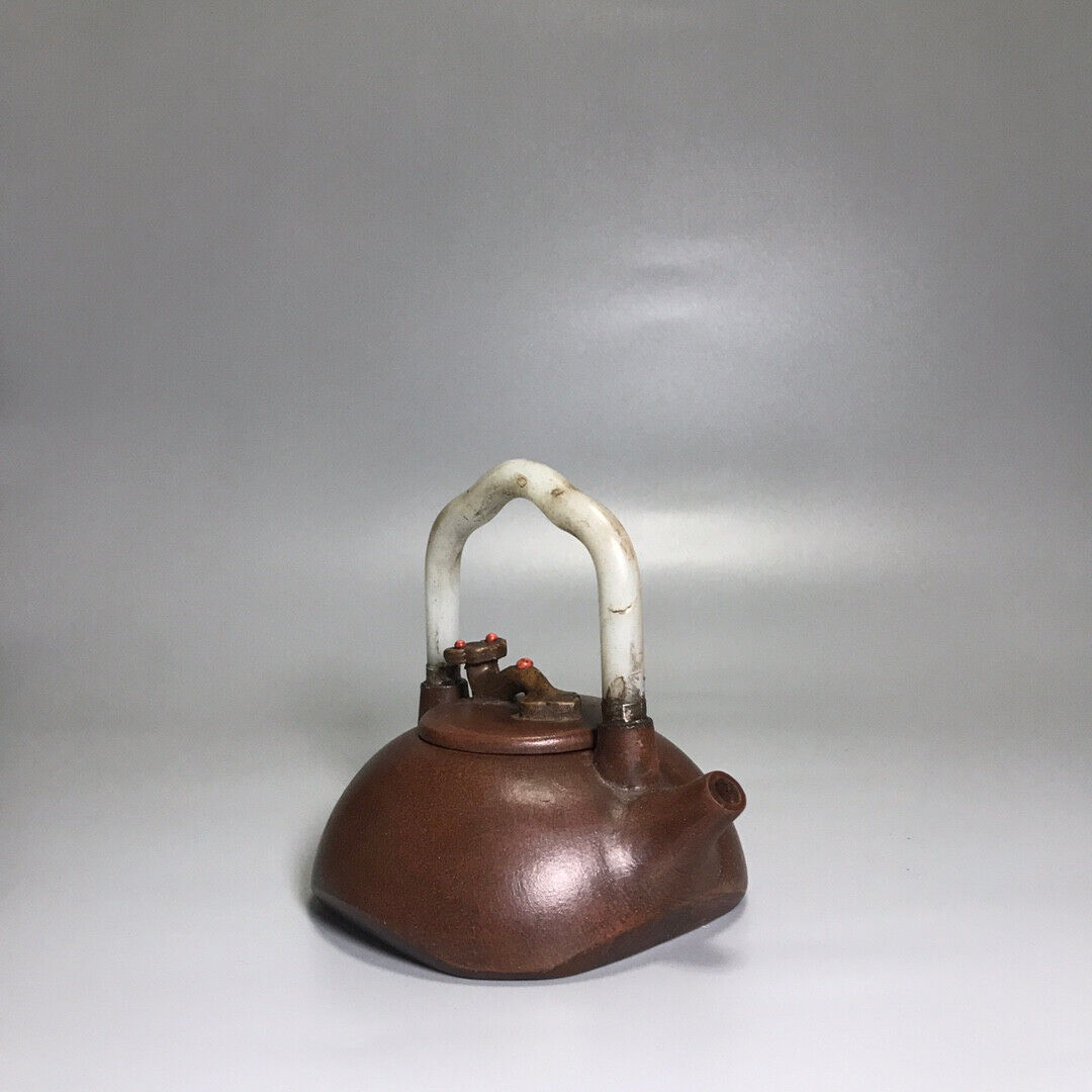 Chinese Yixing Zisha Clay Handmade Exquisite Teapot （方瓢镶玉提梁 底款：杨鹏年）