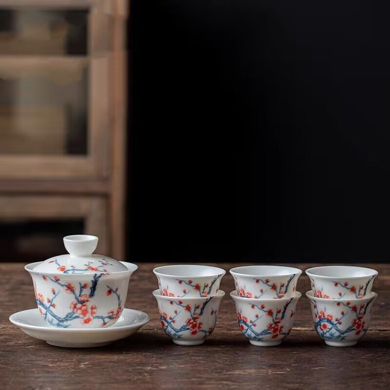 Jingdezhen Ceramic Gaiwan Mutton Jade Porcelain Tureen Matching Tea Cup Pitcher