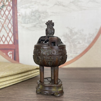 Antique Bronze Tripod Censer Lion Lid Incense Burner for Tea Ceremony
