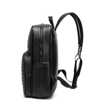 Top PU Leather Black Weaving Backpack, Soft Leather Large Capacity Travel Bags