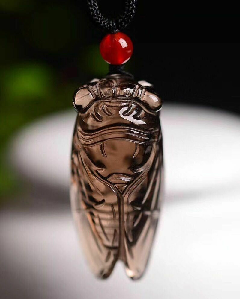 100% Natural Brown Tea Smoky Quartz Crystal Carved Cicada Reiki Pendant Necklace