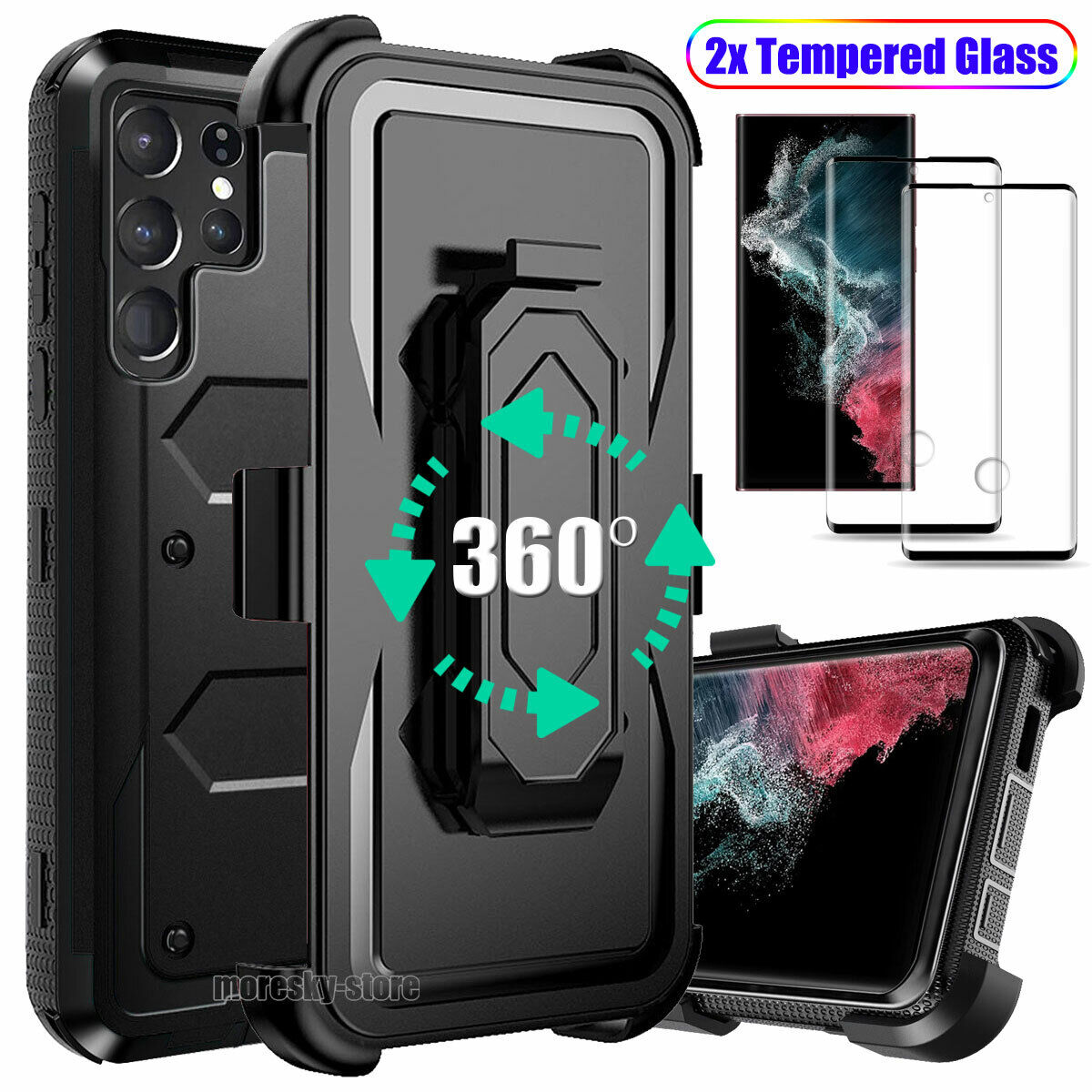 Case For Galaxy S22 5G Ultra + Clip Belt Stand Cover / Tempered Glass Protector