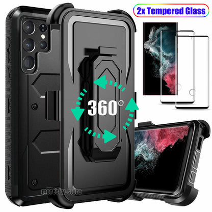 Case For Galaxy S22 5G Ultra + Clip Belt Stand Cover / Tempered Glass Protector