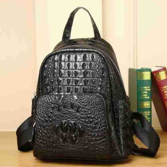 Top Cow Leather Black Women's bag, New Desinger Crocodile Print Backpack Travel