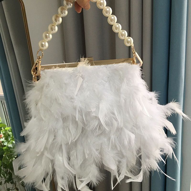 Elegant Purse Feather Handbag Clutch White Pearl Chain Shoulder Bag 20*15*18 CM