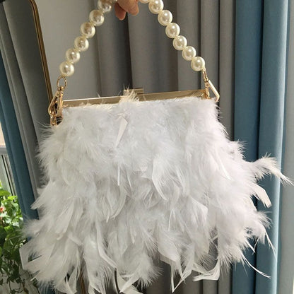 Elegant Purse Feather Handbag Clutch White Pearl Chain Shoulder Bag 20*15*18 CM
