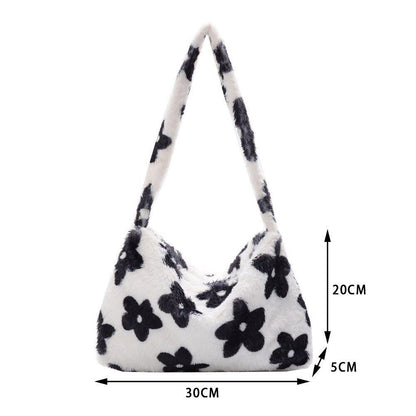 Flower Pattern Shoulder Bag Elegant Underarm Bag Faux Fur Handbag 30*20*5 CM 1PC