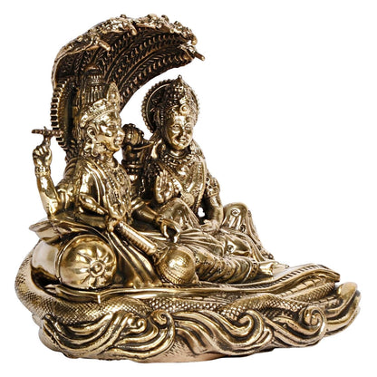 Hindu God Brass Lord Lakshmi Vishnu Idol Seated on Sheshnag Idol Figurine