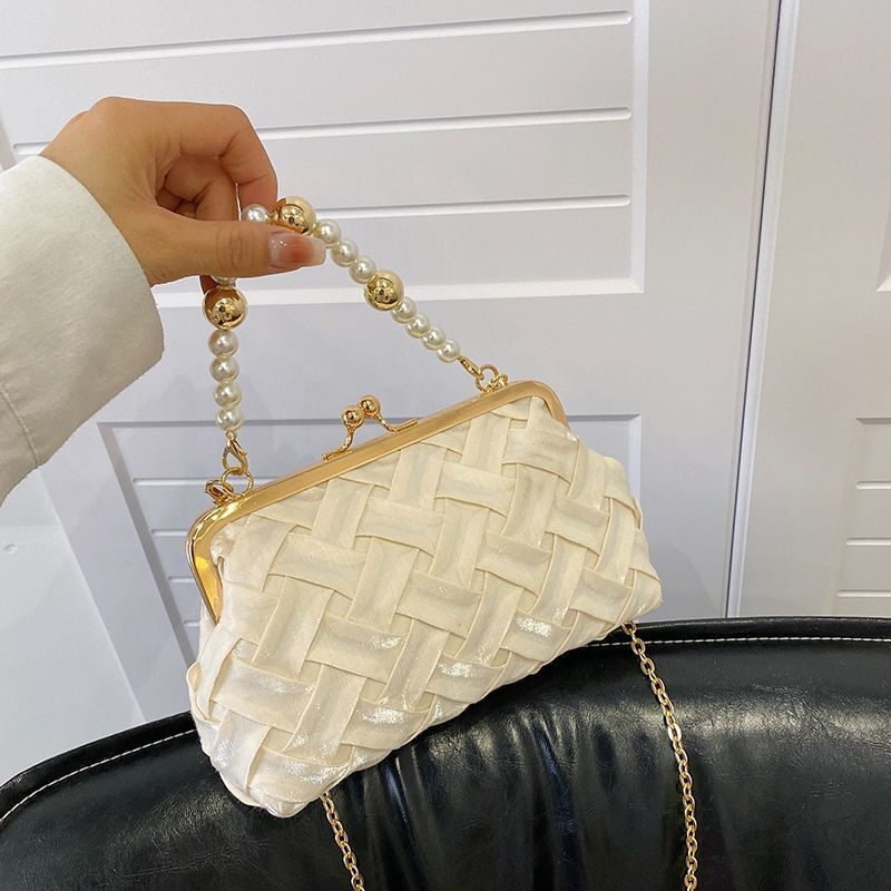 Luxury Shoulder Bag Fashion Pearl Chain Handbag Ribbon Weave Purse Crossbody Bag