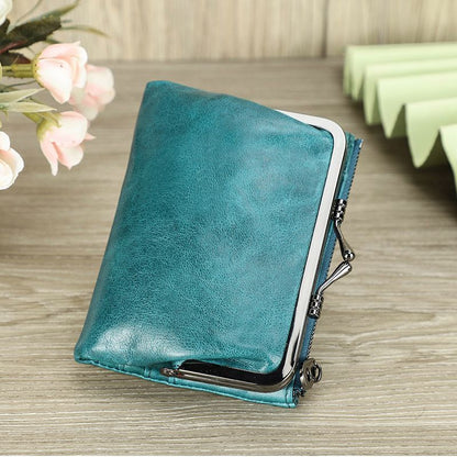 Small Metal Frame Purse Genuine Leather Wallet Hasp Zipper Coins Cards Holder