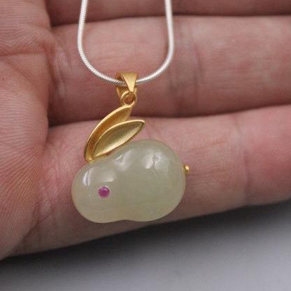 Real S925 Silver Hetian Jade Pendant Women's Charm Small Rabbit Lucky Pendan