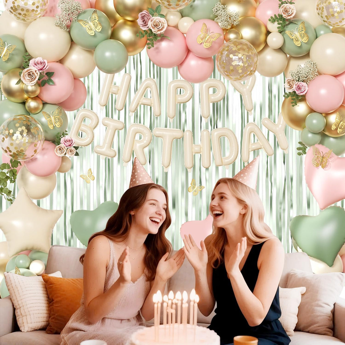 Pink and Sage Green Birthday Decorations, Pink Green Sand White Metallic Gold Fo