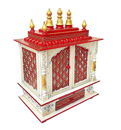 Handcrafted Wooden Home Temple White & Red Worship Mandap Mandir