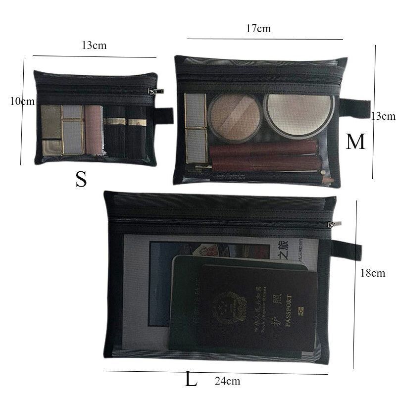 Zipper Make Up Toiletry Wash Bag Travel Black Mesh Cosmetic Bag Transparent Case