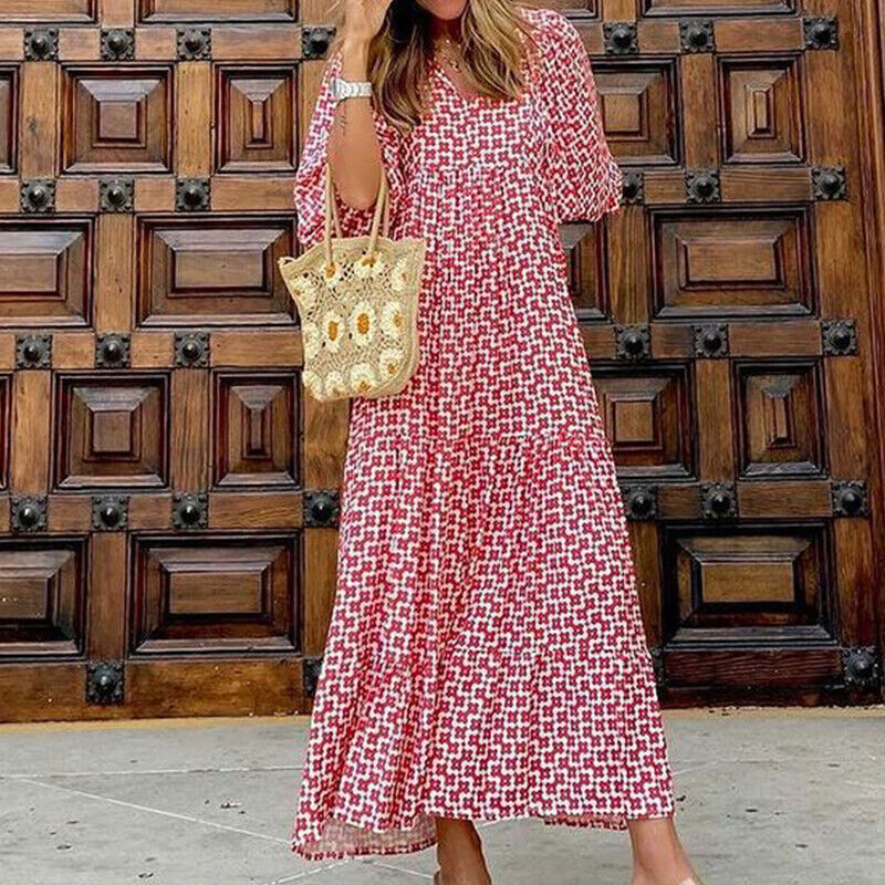 Women 3/4 Sleeve Maxi Dress Baggy Tunic V Neck Dresses Printed Boho Party Beach