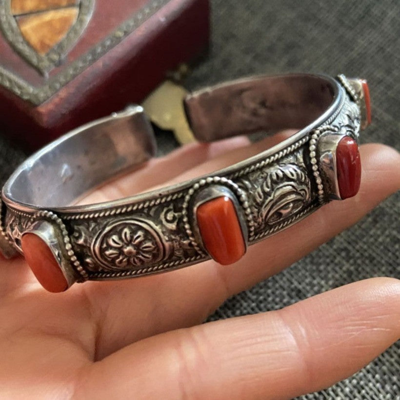 Tibetan Nepalese Bangle Adjustable Eight Treasures Red Inlay Bracelet