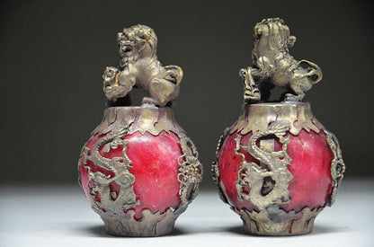 CHINESE PAIR OF Tibet SILVER DRAGON Jade Foo dog STATUE Gift!