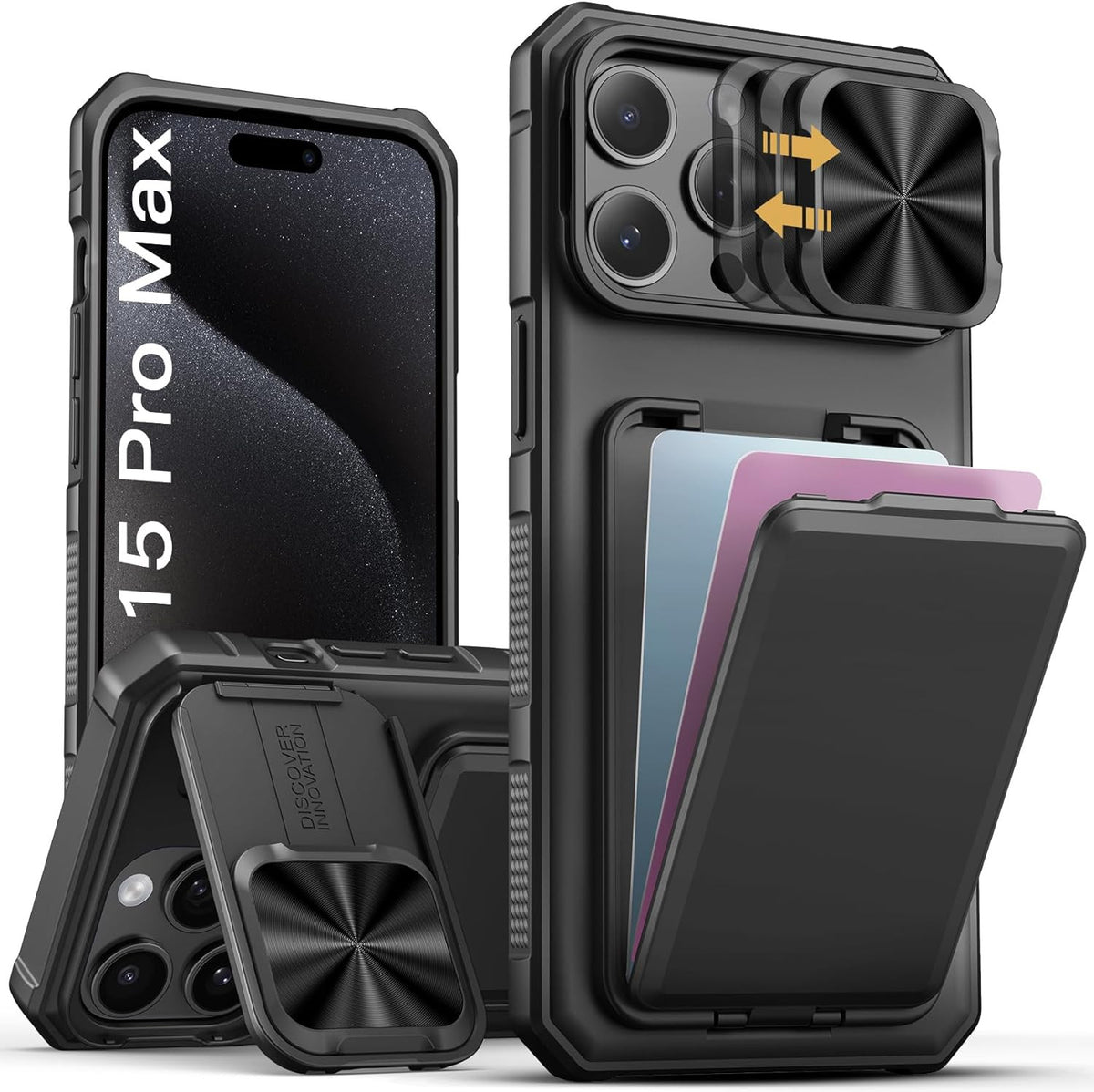for Iphone 15 Pro Max Case with Card Holder & Kickstand & Slide Camera Lens Cove