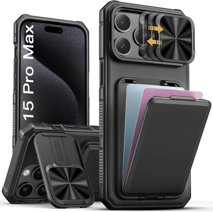 for Iphone 15 Pro Max Case with Card Holder & Kickstand & Slide Camera Lens Cove