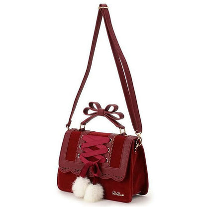 Cute Bow Shoulder Bag Red Handbag Polyester Leather Crossbody Purse 28*9*22.5 CM