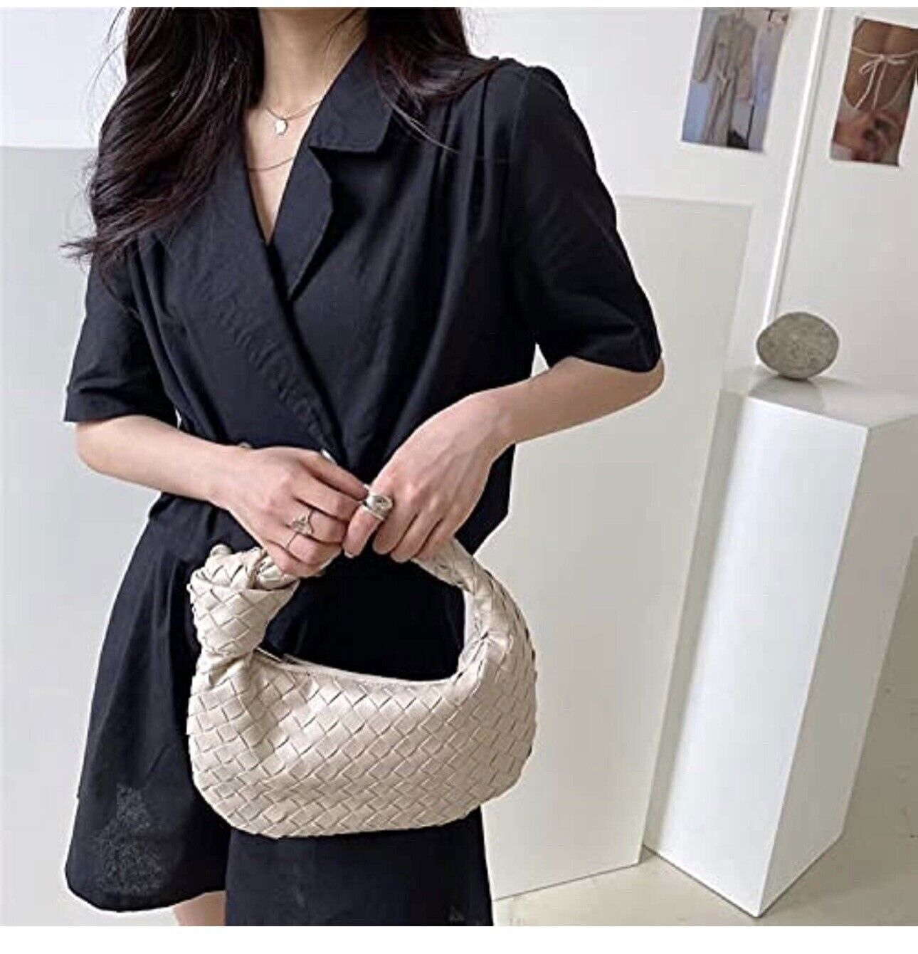 Woven Handbag, Knotted Clutch Bag for Women Soft Leather Hobo Bag Fashion Mini C
