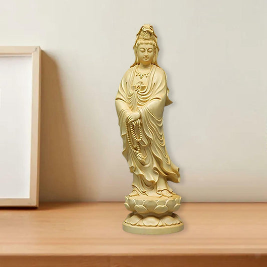 Boxwood Guanyin Sculpture Buddha Statue Feng Shui for Tabletop Tea House