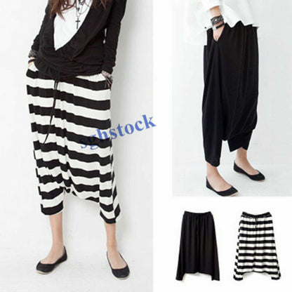 Women Striped Harem Pants New Casual Baggy Low Drop Crotch Trousers Rock Loose @