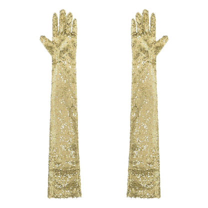 Women Gloves Vintage Shiny Sequin Finger Elbow Length Long Mittens Opera Costume