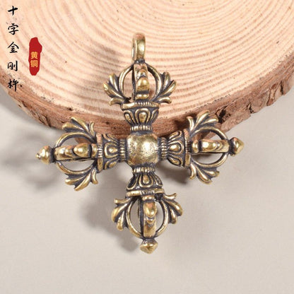 Tibetan Brass Cross Vajra Dorje Amulet Keychain Pendant Buddhist Ritual Tool