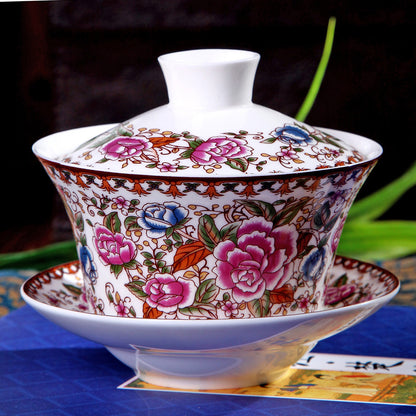 Chinese Tea Cup Gaiwan Tureen Porcelain Handpainted Flower Ceramic Tea Bowl Lid