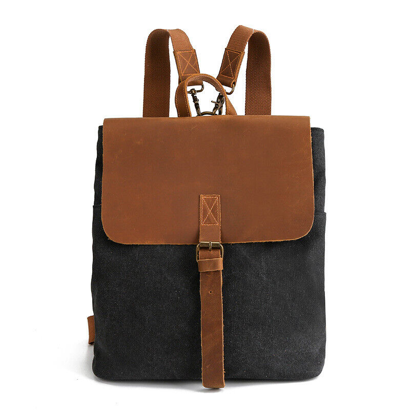 Convertible Canvas Real Leather Backpack Rucksack Daypack Satchel Shoulder Bag