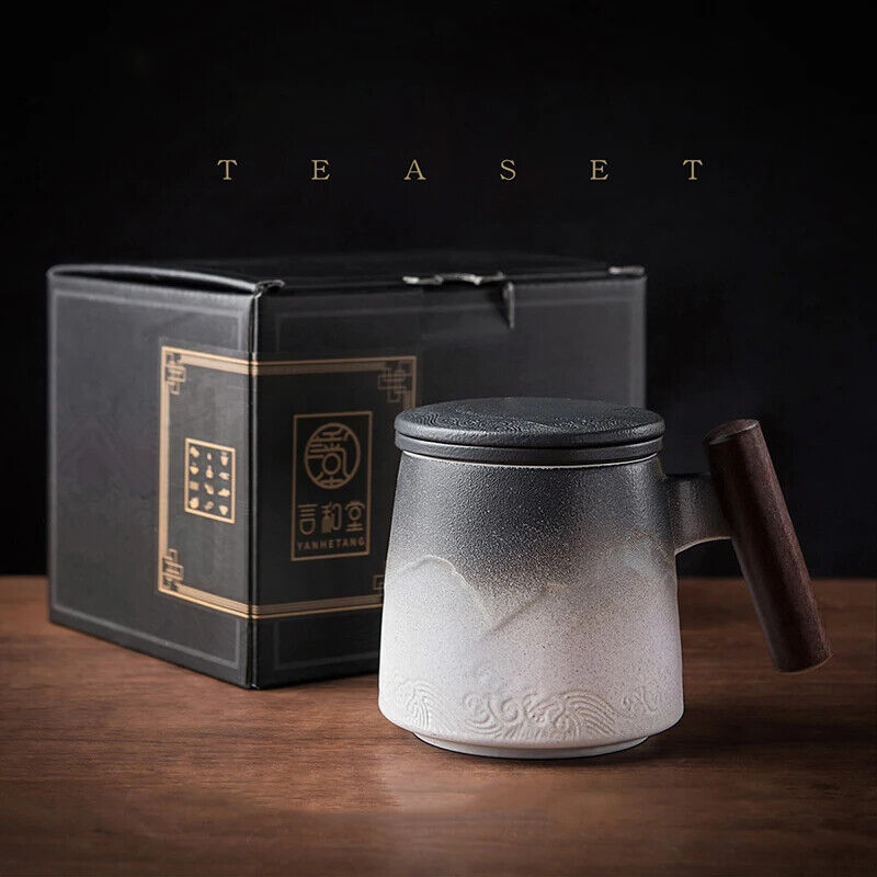 Tea Mugs Ceramic Tea Coffee Cup Beer Mug Infuser Lid Wooden Handle Tableware