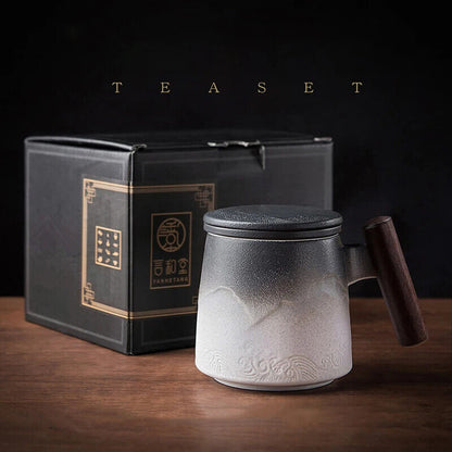 Tea Mugs Ceramic Tea Coffee Cup Beer Mug Infuser Lid Wooden Handle Tableware