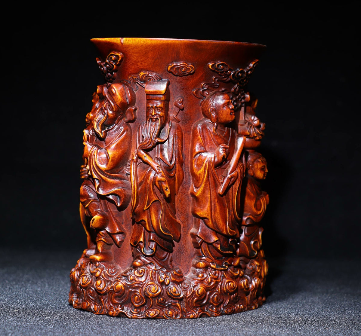 5.1" Chinese Natural Boxwood Hand Carved Eight Immortals Character Brush Pot